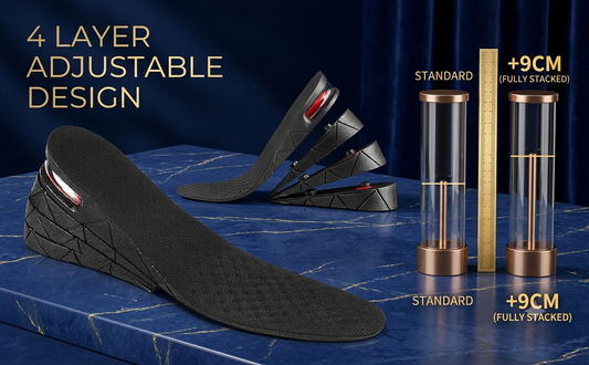 Black shoe insole with adjustable design on a blue surface, showing height difference with measurement tools.